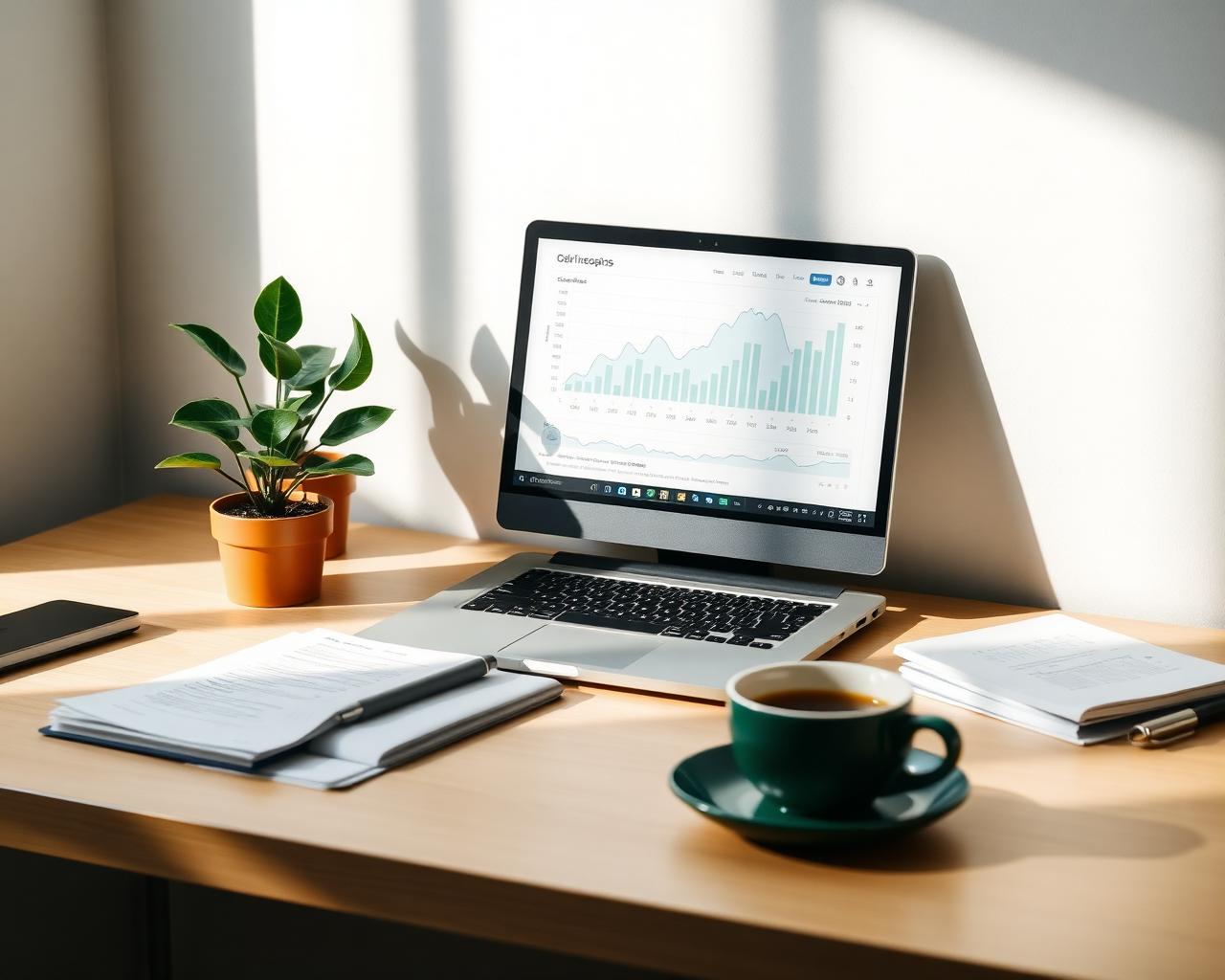 A tidy bookkeeping workspace with a laptop showing financial charts